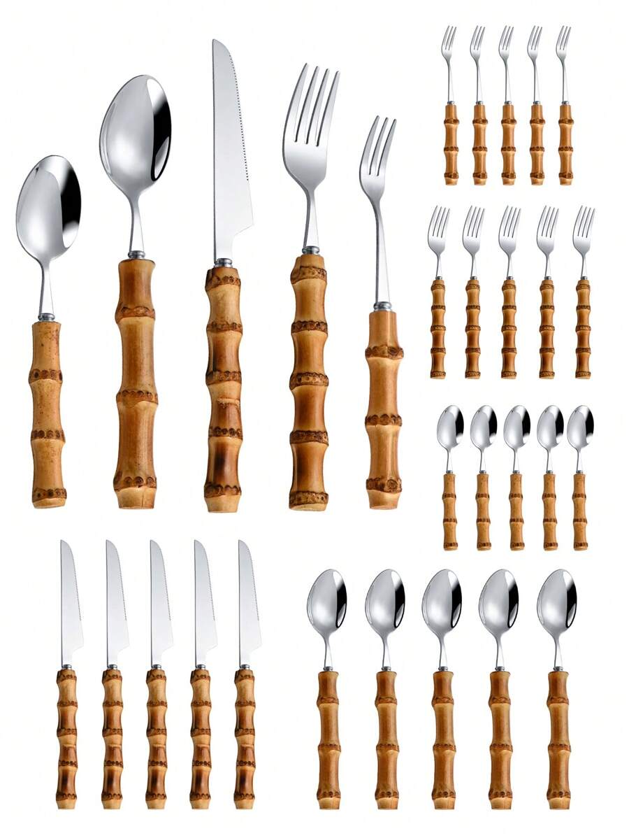 Bamboo Cutlery - Juego de cubiertos de acero inoxidable
